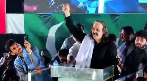 پی ٹی آئی جلسہ، علی امین کے خطاب کے دوران کارکنوں نے اسٹیج کی جانب بوتلیں پھینکیں، نعرے بھی لگائے